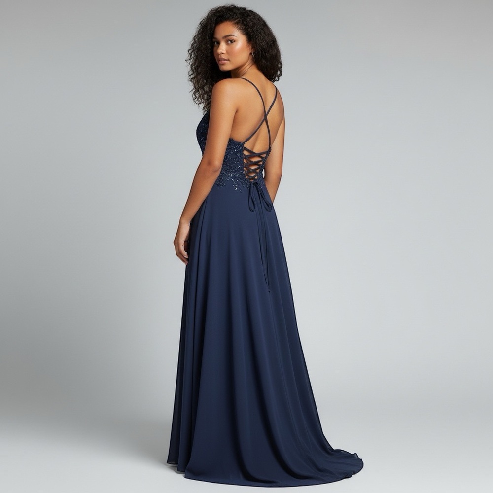 Faviana maxi dress womens sz 2 prom formal glam sequin crisscross back y2k blue